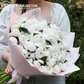 Букет из 51 нежно-розового пиона Standart в сиреневой пленке