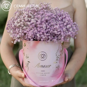 Букет в розовой шляпной коробке Amour Mini из 9 розовых гипсофил