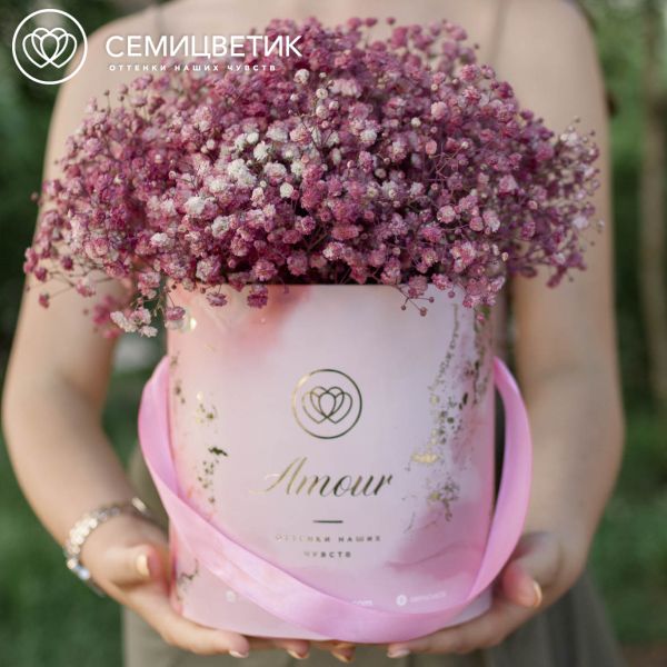 Букет в розовой шляпной коробке Amour Mini из 9 малиновых гипсофил