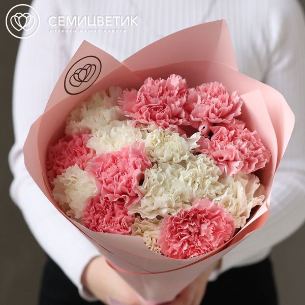 Букет из 15 белых и розовых гвоздик в розовой упаковке