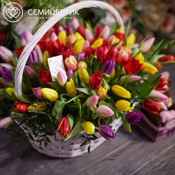 Композиция из 101 тюльпана микс с зеленью в корзине