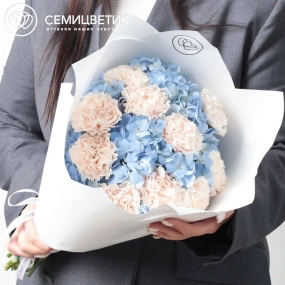 Букет из 3 голубых гортензий и 10 кремовых гвоздик в белой пленке