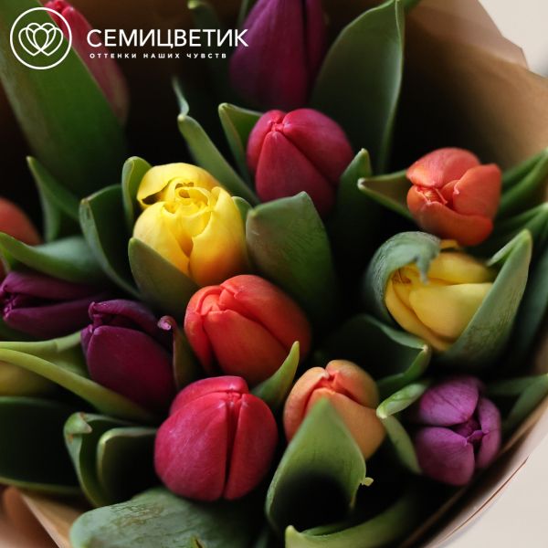 Букет из 15 тюльпанов микс в ярких тонах в кремовой упаковке