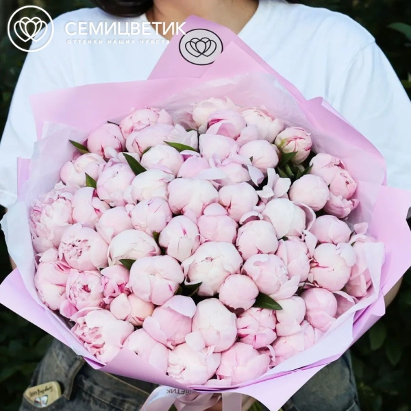 Букет из 51 розового пиона Standart в розовой пленке
