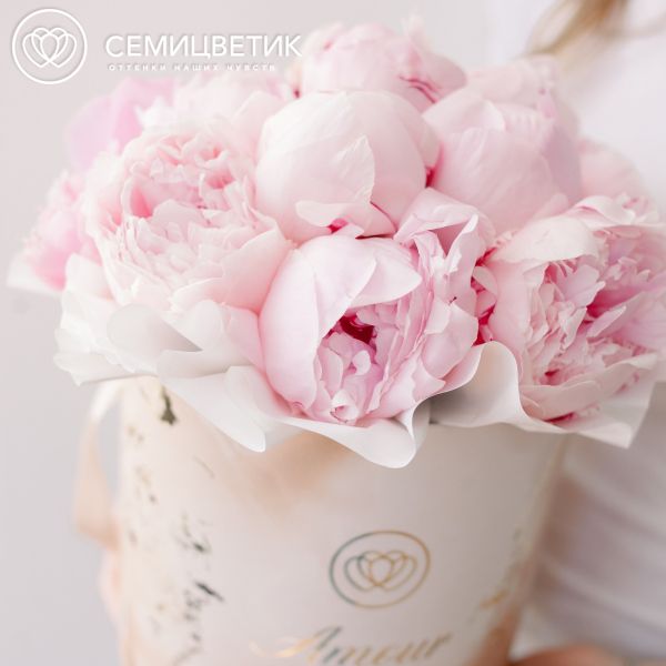 Букет в бежевой шляпной коробке Amour Mini из 15 розовых пионов Premium