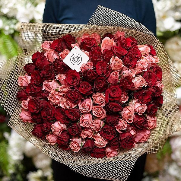 101 красная и розовая роза (Кения) 40 см Premium