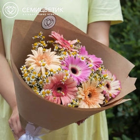 Букет из герберы и матрикарии в упаковке