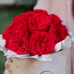 Букет в бежевой шляпной коробке Amour Mini из 19 красных пионовидных роз Red Piano