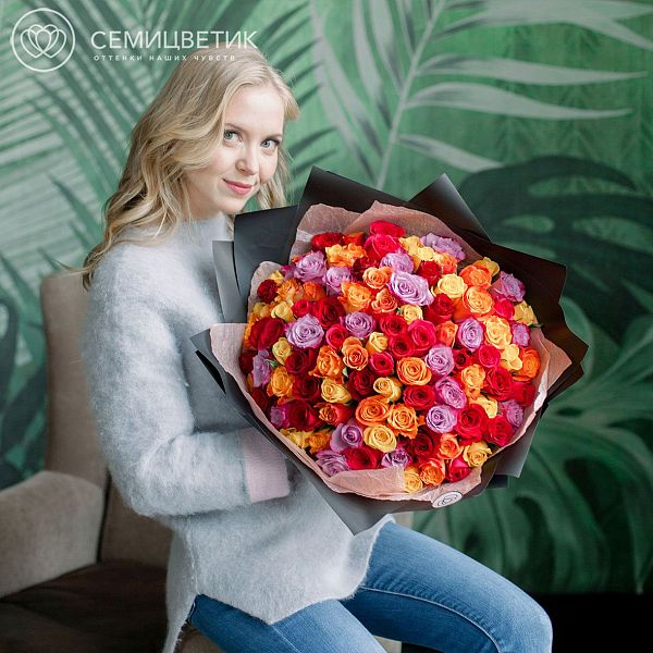 101 роза микс в ярких тонах (Кения) 40 см Premium