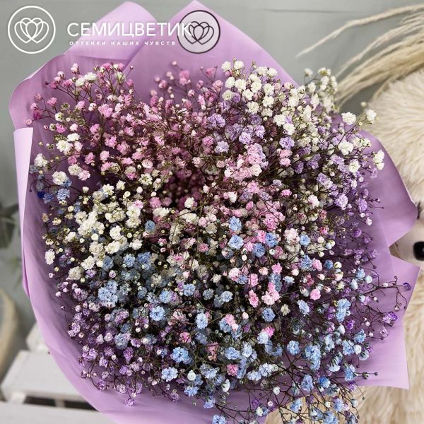 Букет из 7 гипсофил микс в сиреневой пленке