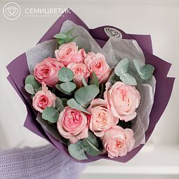 9 пионовидных розовых роз Keira с эвкалиптом