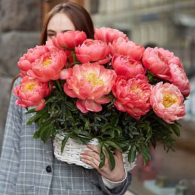 Композиция из 25 коралловых пионов Coral Sunset Premium в корзине