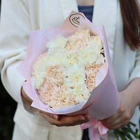 Монобукет  из 15 белых и кремовых гвоздик в розовой пленке