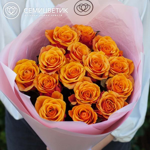Букет из 15 желто-оранжевых роз 70 см (Россия)