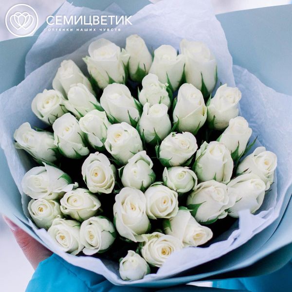 Букет из 35 белых роз 40 см (Кения) в голубой пленке