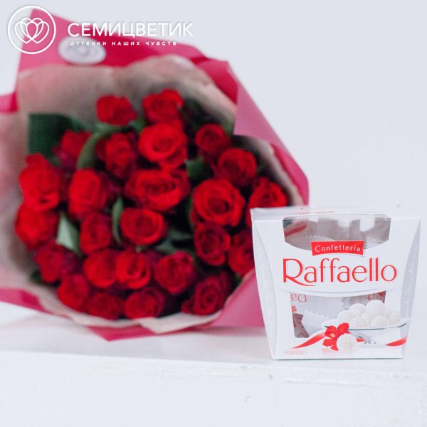 Букет из 25 красных роз 40 см (Кения) в упаковке + Rafaello