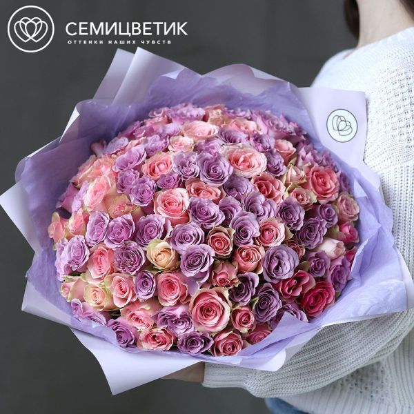 Букет из 101 сиреневой и нежно-розовой розы 35 см (Кения)