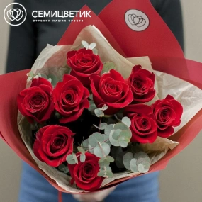 Букет из 9 красных роз Freedom 50 см (Эквадор) с эвкалиптом в бордовой пленке