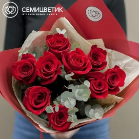 Букет из 9 красных роз Freedom 50 см (Эквадор) с эвкалиптом в бордовой пленке