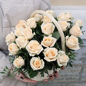 Композиция из 25 кремовых роз (Россия) с фисташкой в корзине
