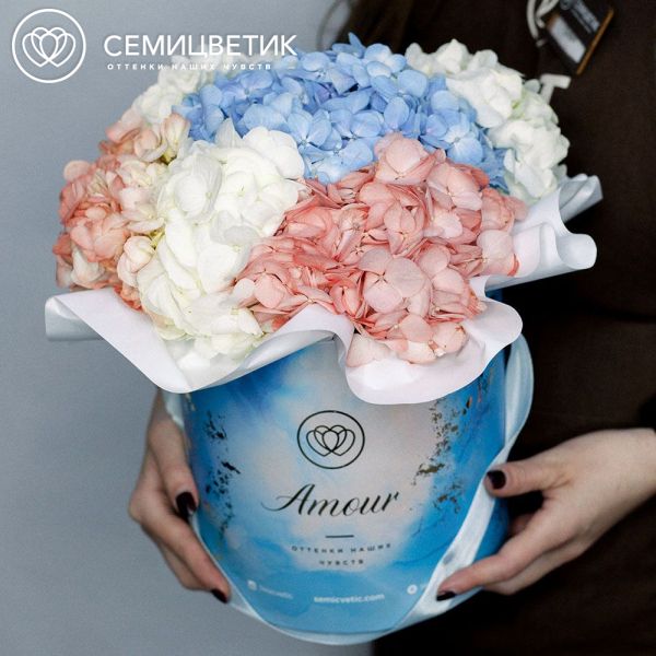 Букет в голубой шляпной коробке Amour Mini из 5 гортензий микс