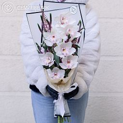 Букет из орхидеи бело-розовой, вероники и астильбы в розовой пленке