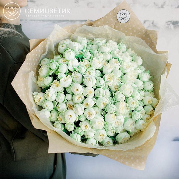 Букет из 51 бело-фисташковой кустовой пионовидной розы Blanchette 40 см