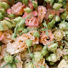 Букет из 25 розовых махровых лизиантусов в кремовой пленке