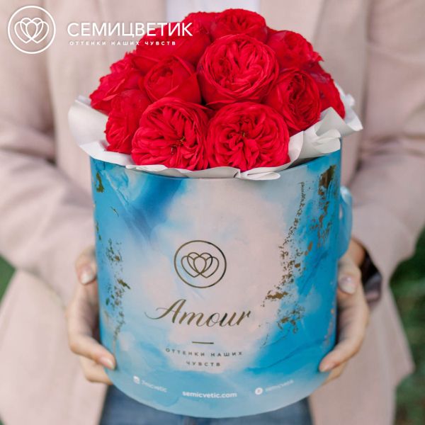 Букет в голубой шляпной коробке Amour Mini из 19 красных пионовидных роз Red Piano