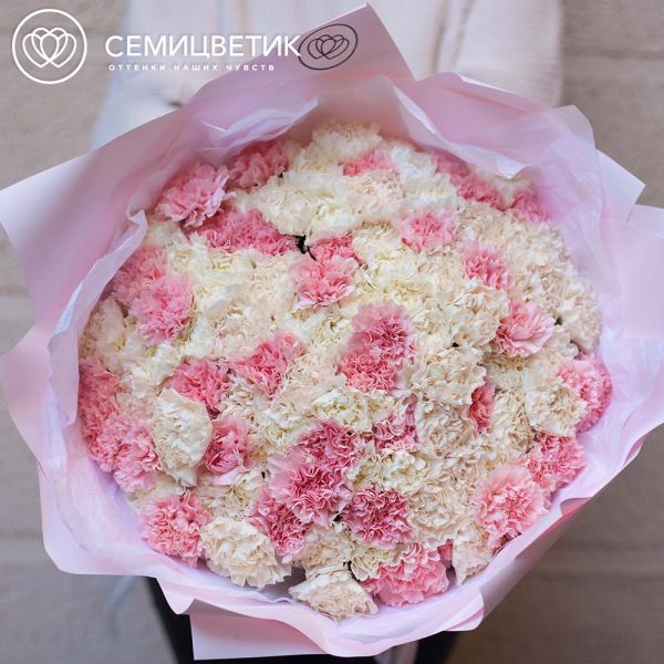 Букет из 101 розовой, белой и кремовой гвоздики в розовой пленке