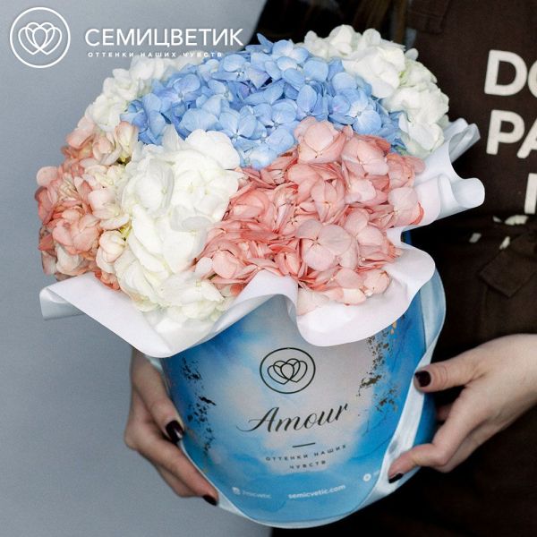 Букет в голубой шляпной коробке Amour Mini из 5 гортензий микс