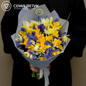 Букет из 30 нарциссов и 13 ирисов в сиреневой пленке