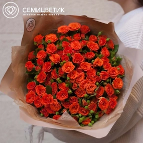 Букет из 23 оранжевых кустовых роз 40 см (Кения) в кремовой пленке