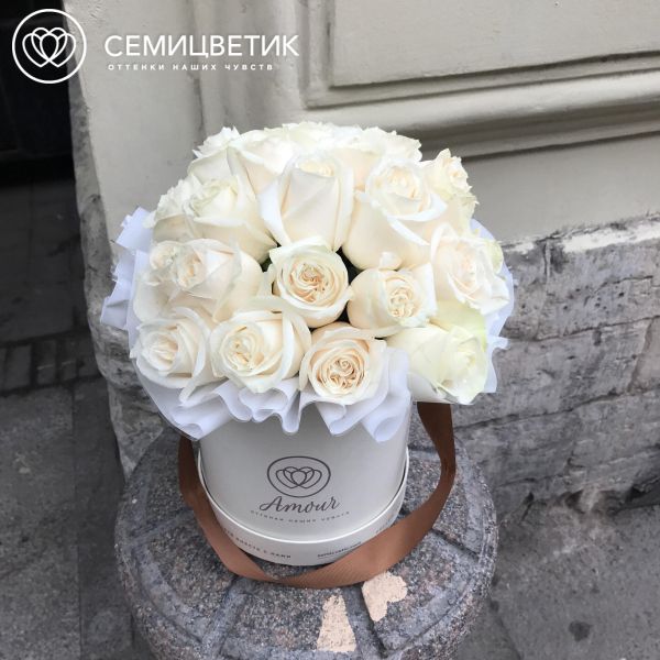 Букет в белой шляпной коробке Amour Mini из 25 белых роз Эквадор