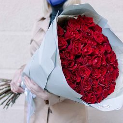 Букет из 51 красной с темной каймой розы Магия 80 см (Россия)