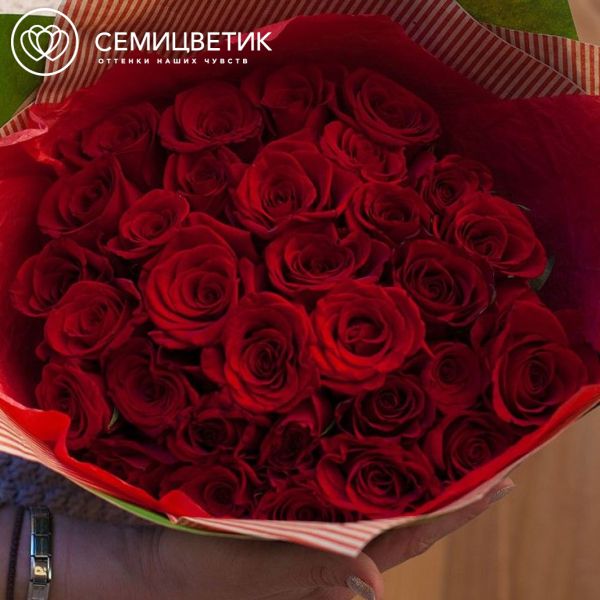 Букет из 35 красных с темной каймой роз Магия 40 см (Россия)