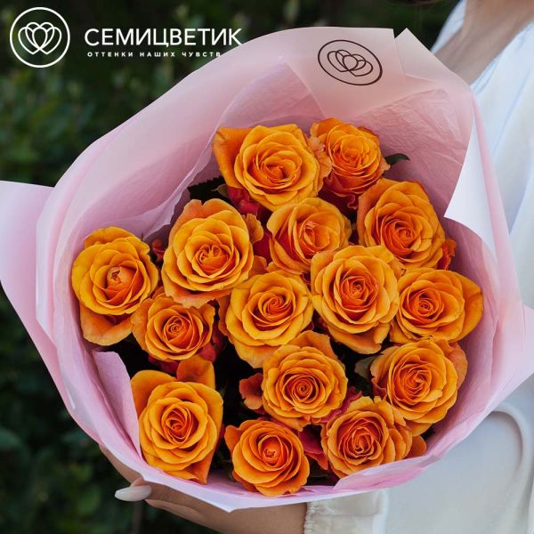 Букет из 15 желто-оранжевых роз 70 см (Россия)