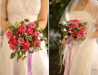 Свадебный букет из пионовидной розы, лизиантуса и брунии