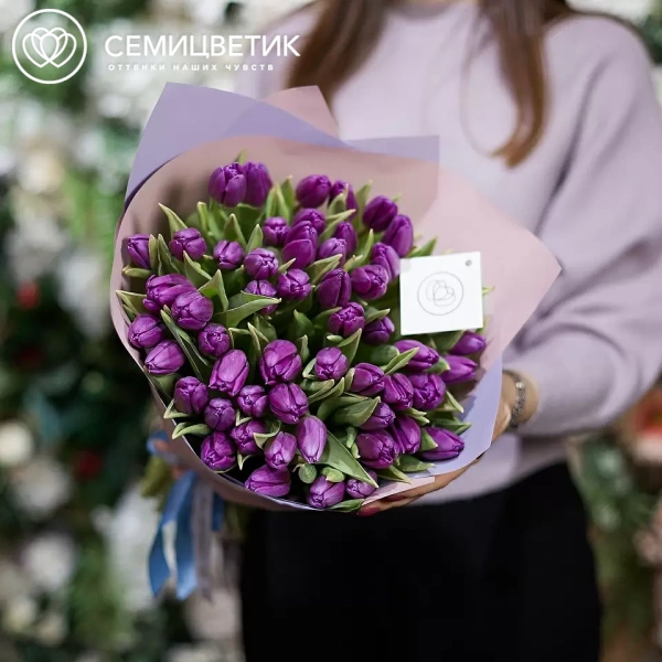 Букет из 51 фиолетового тюльпана в сиреневой пленке