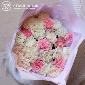 Букет из 25 розовых, белых и кремовых гвоздик в розовой пленке