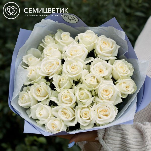 Букет из 25 белых роз 60 см (Россия) в сиреневой пленке