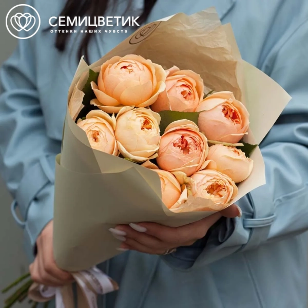 Букет из 9 кремовых пионовидных роз 60 см (Россия) в кремовой пленке