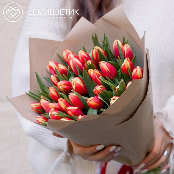 Букет из 35 желто-красных тюльпанов 40 см в кремовой пленке