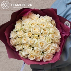 Букет из 45 белых роз 35-40 см (Россия) в бордовой пленке