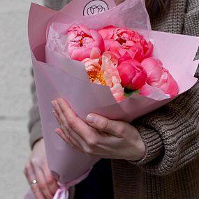 Букет из 5 коралловых пионов Coral Sunset Premium