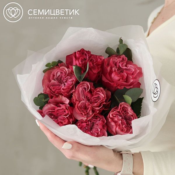 Букет из 7 пионовидных малиновых роз Country Blues (Эквадор) 50 см с эвкалиптом