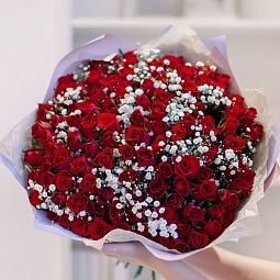 Букет из 101 красной розы 40 см (Кения) с белой гипсофилой в сиреневой пленке