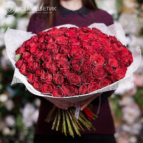 Букет из 101 красной розы 40 см (Кения) Premium в дизайнерской пленке