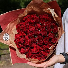 Большой букет  из 51 красной розы 40 см (Кения) в голубой пленке