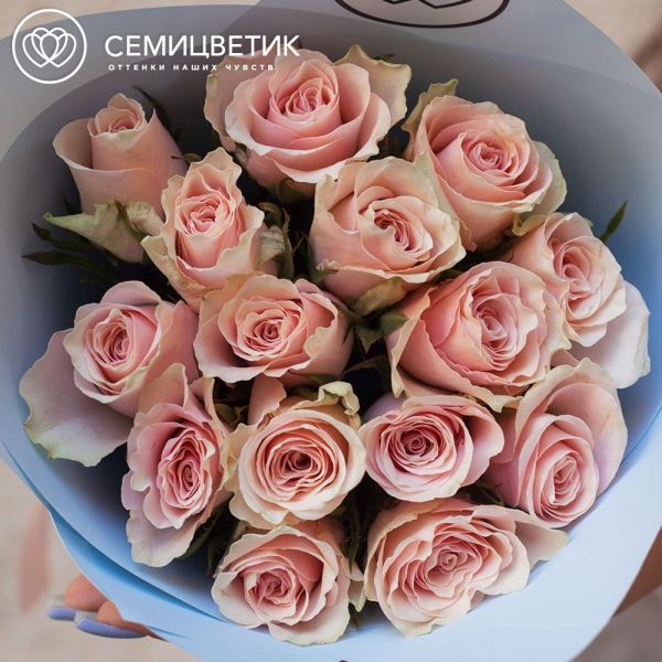 Букет из 15 нежно-розовых роз 40 см (Кения) в голубой пленке